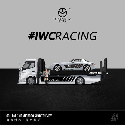 Time Micro 1/64 Hino H300 Flat bed Transport Trailer Truck Extendable Flat Bed IWC Racing Edition + Mercedes-Benz SLS + Model Girl Figure Full Set