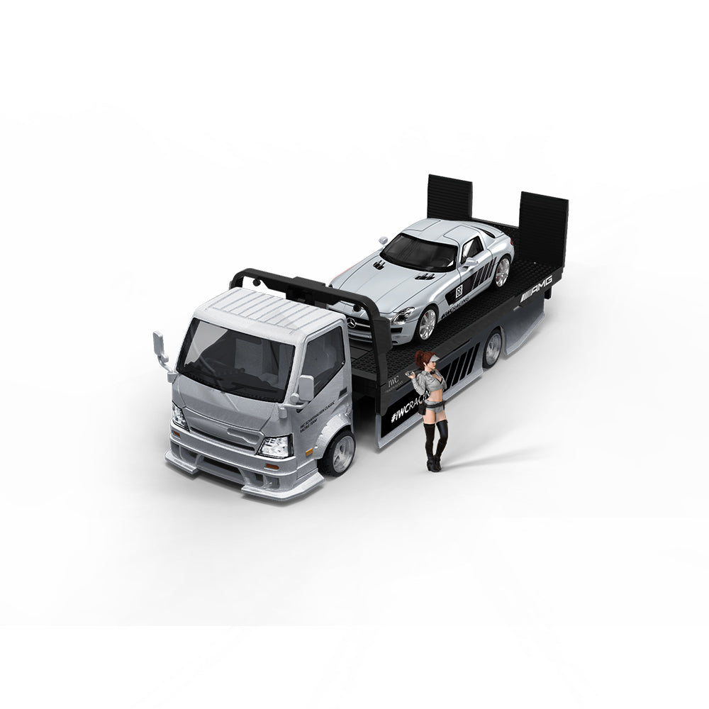 Time Micro 1/64 Hino H300 Flat bed Transport Trailer Truck Extendable Flat Bed IWC Racing Edition + Mercedes-Benz SLS + Model Girl Figure Full Set