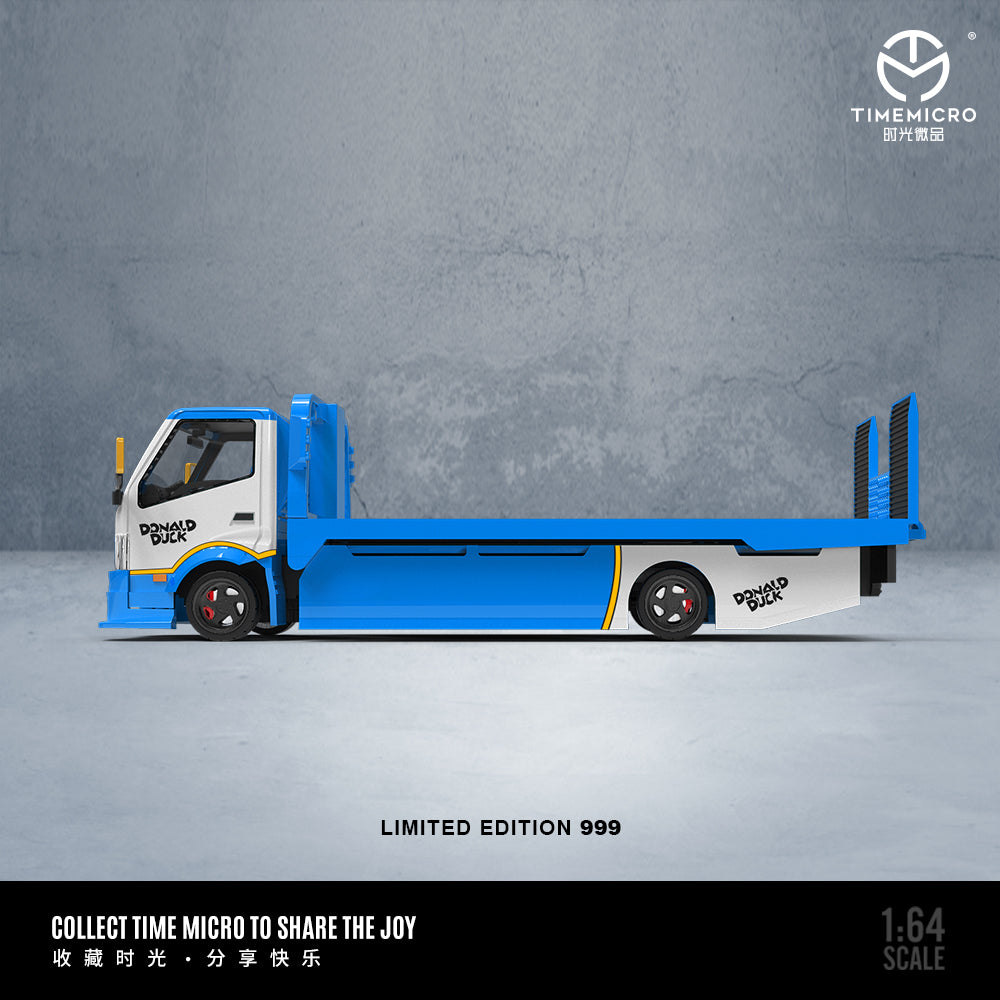 Time Micro 1/64 Hino H300 Flat bed Transport Trailer Truck Extendable Flat Bed Donald Duck Edition + Mini Cooper + Model Girl Figure Full Set