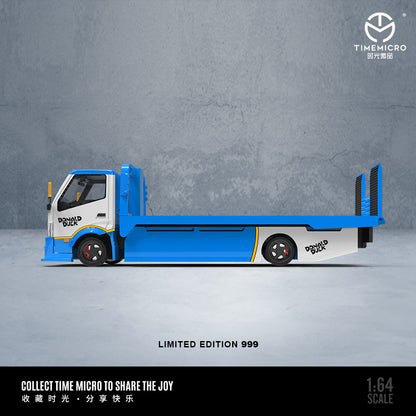 Time Micro 1/64 Hino H300 Flat bed Transport Trailer Truck Extendable Flat Bed Donald Duck Edition + Mini Cooper + Model Girl Figure Full Set
