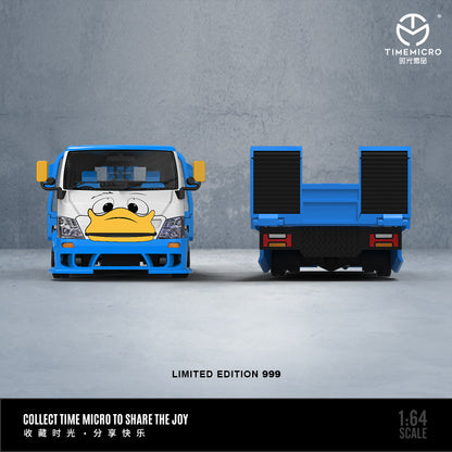 Time Micro 1/64 Hino H300 Flat bed Transport Trailer Truck Extendable Flat Bed Donald Duck Edition + Mini Cooper + Model Girl Figure Full Set