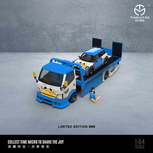 Time Micro 1/64 Hino H300 Flat bed Transport Trailer Truck Extendable Flat Bed Donald Duck Edition + Mini Cooper + Model Girl Figure Full Set