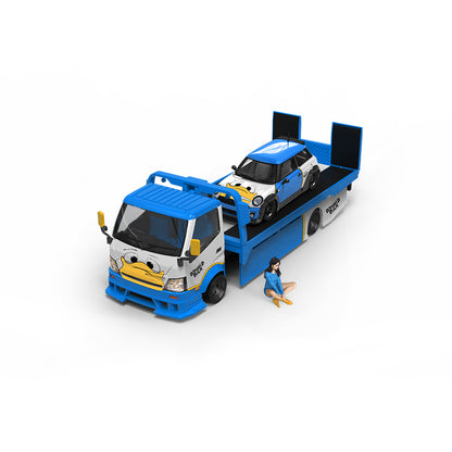 Time Micro 1/64 Hino H300 Flat bed Transport Trailer Truck Extendable Flat Bed Donald Duck Edition + Mini Cooper + Model Girl Figure Full Set