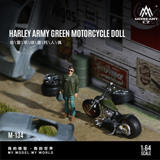MoreArt 1:64 Harley-Davidson Army Green Motorcycle Doll Figure Set (1 Motorcycle + 1 Figure)