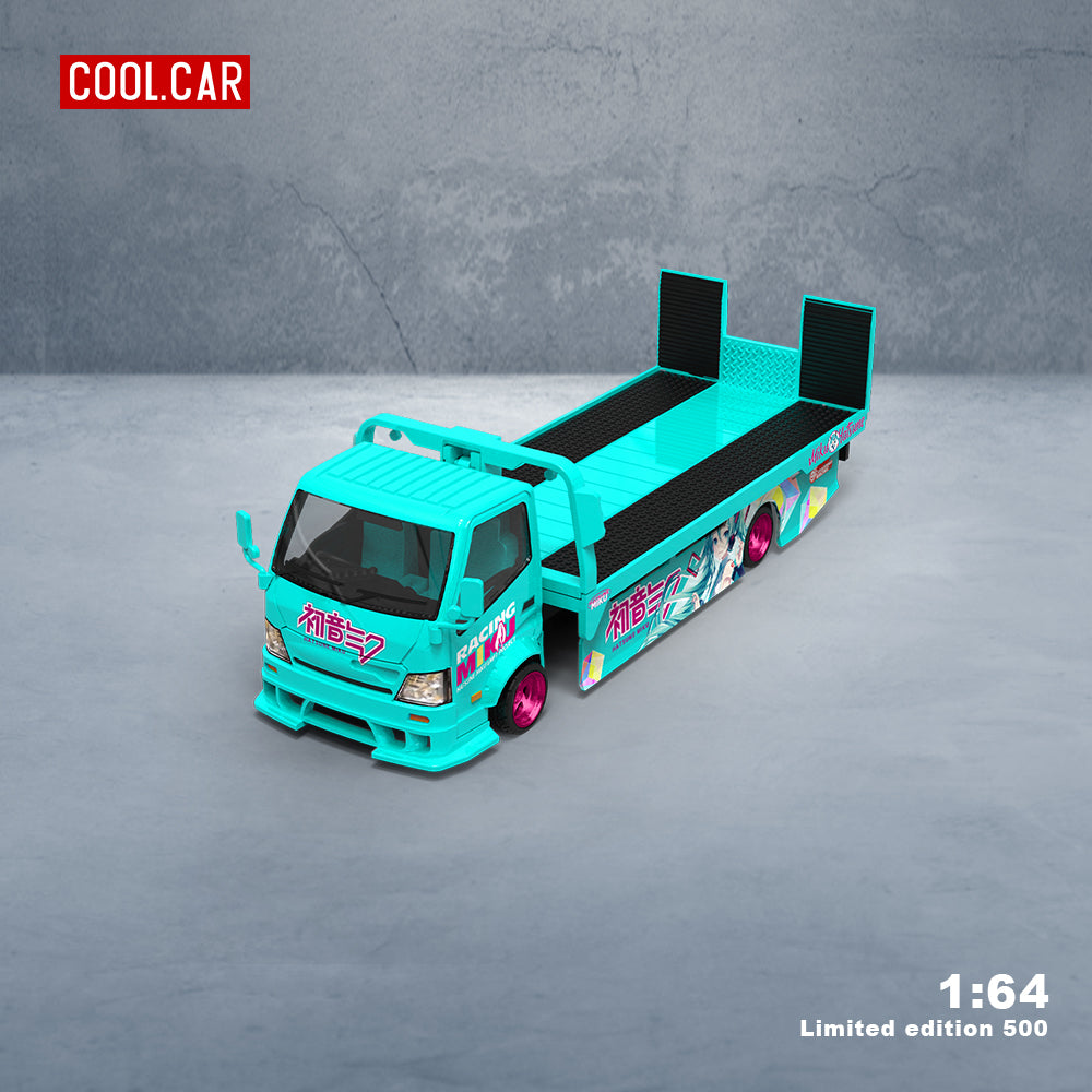 Cool.Car 1/64 Hino H300 Flat bed Transport Trailer Truck Extendable Flat Bed Japanese Anime Hatsune Miku Edition + BMW M4 + Model Girl Figure Full Set