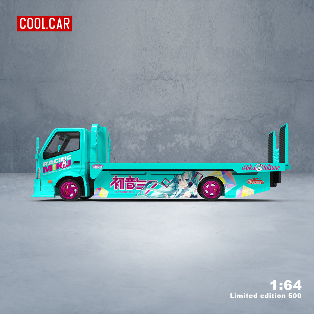 Cool.Car 1/64 Hino H300 Flat bed Transport Trailer Truck Extendable Flat Bed Japanese Anime Hatsune Miku Edition + BMW M4 + Model Girl Figure Full Set