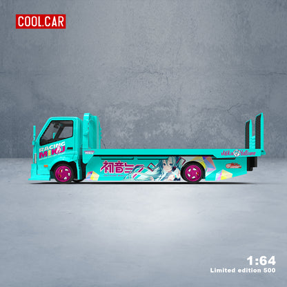 Cool.Car 1/64 Hino H300 Flat bed Transport Trailer Truck Extendable Flat Bed Japanese Anime Hatsune Miku Edition + BMW M4 + Model Girl Figure Full Set