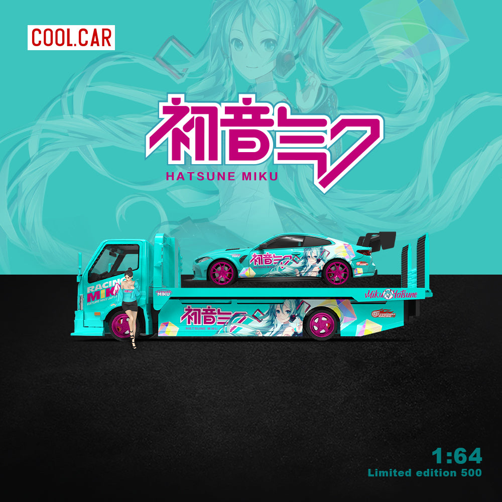 Cool.Car 1/64 Hino H300 Flat bed Transport Trailer Truck Extendable Flat Bed Japanese Anime Hatsune Miku Edition + BMW M4 + Model Girl Figure Full Set