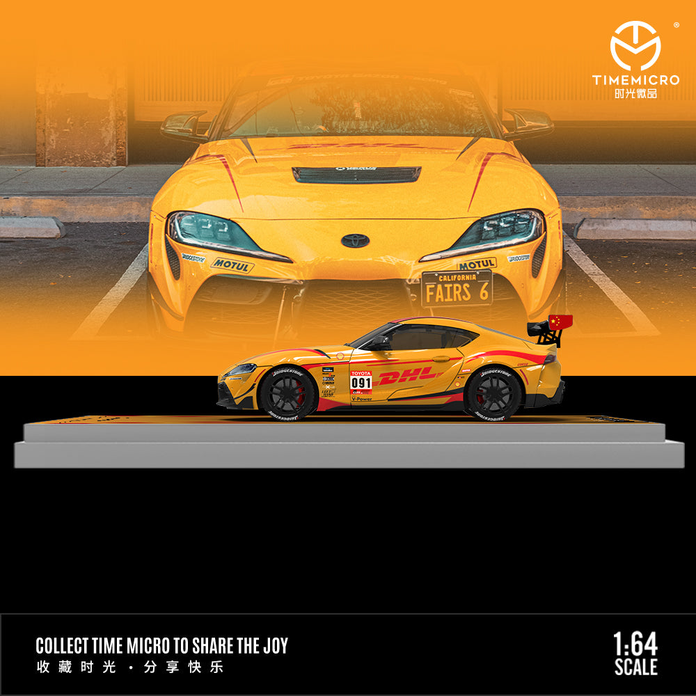 Time Micro 1:64 Toyota Supra A90 DHL Orange Edition with Metal Cargo Container and Model Figure