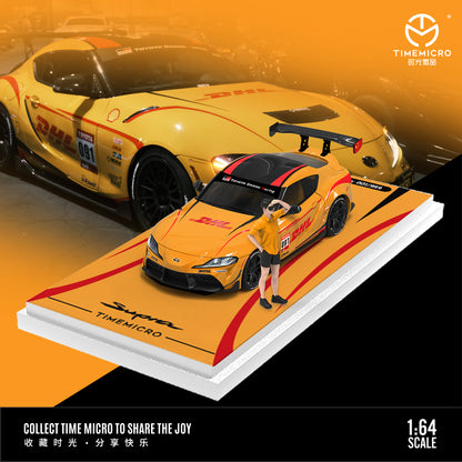 Time Micro 1:64 Toyota Supra A90 DHL Orange Edition with Metal Cargo Container and Model Figure