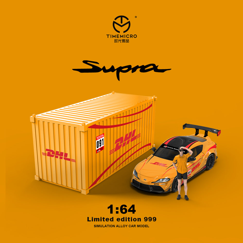 Time Micro 1:64 Toyota Supra A90 DHL Orange Edition with Metal Cargo Container and Model Figure