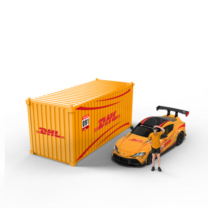 Time Micro 1:64 Toyota Supra A90 DHL Orange Edition with Metal Cargo Container and Model Figure
