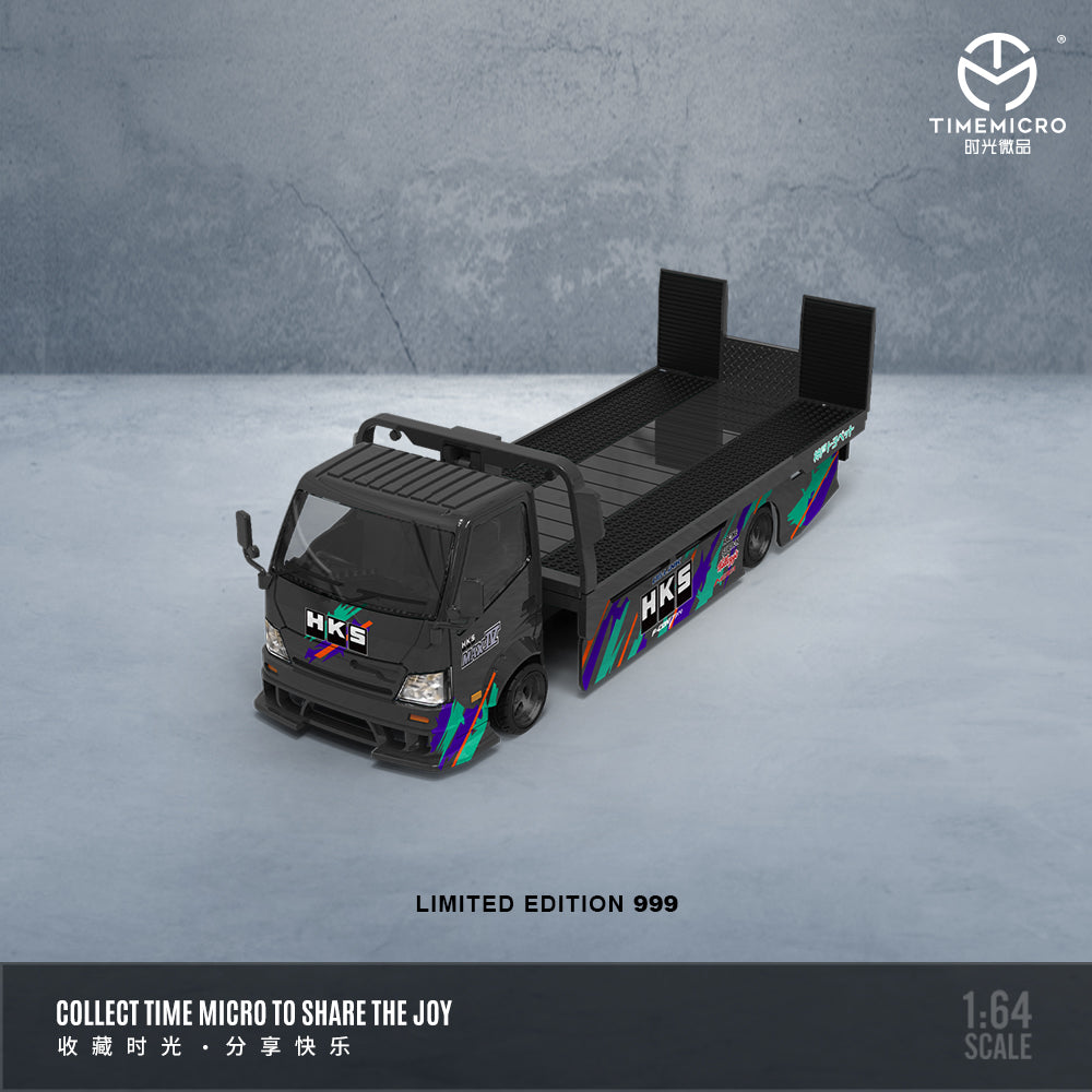 Time Micro 1/64 Hino H300 Flat bed Transport Trailer Truck Extendable Flat Bed HKS Edition + Nissan Skyline KPGC110 + Model Girl Figure Full Set