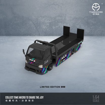 Time Micro 1/64 Hino H300 Flat bed Transport Trailer Truck Extendable Flat Bed HKS Edition + Nissan Skyline KPGC110 + Model Girl Figure Full Set