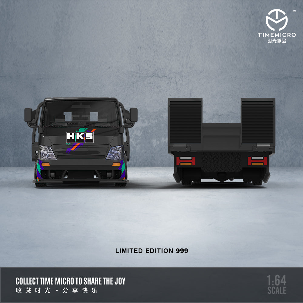 Time Micro 1/64 Hino H300 Flat bed Transport Trailer Truck Extendable Flat Bed HKS Edition + Nissan Skyline KPGC110 + Model Girl Figure Full Set