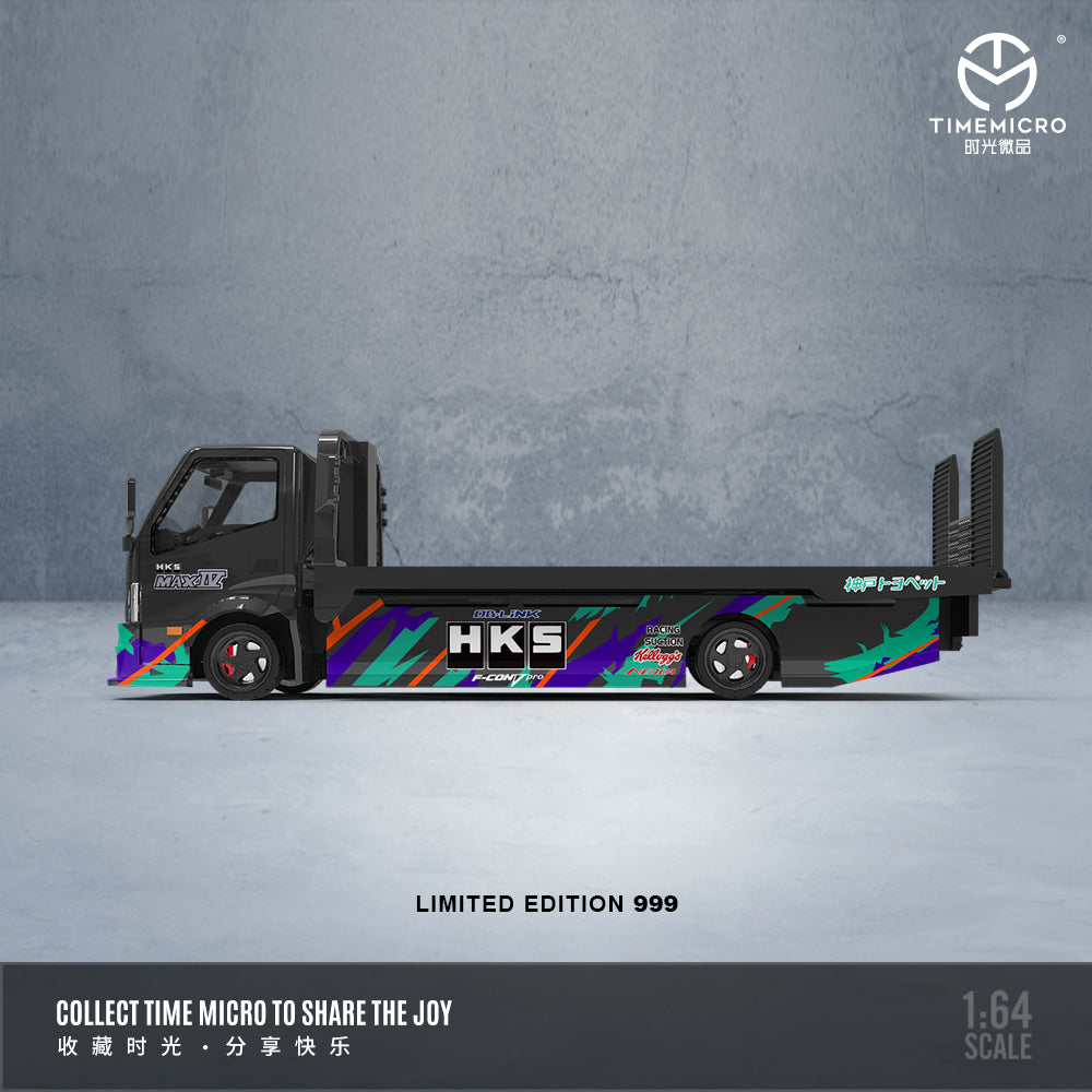 Time Micro 1/64 Hino H300 Flat bed Transport Trailer Truck Extendable Flat Bed HKS Edition + Nissan Skyline KPGC110 + Model Girl Figure Full Set