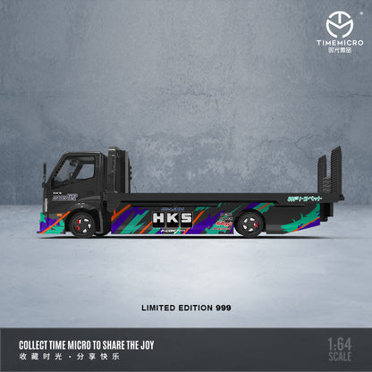 Time Micro 1/64 Hino H300 Flat bed Transport Trailer Truck Extendable Flat Bed HKS Edition + Nissan Skyline KPGC110 + Model Girl Figure Full Set