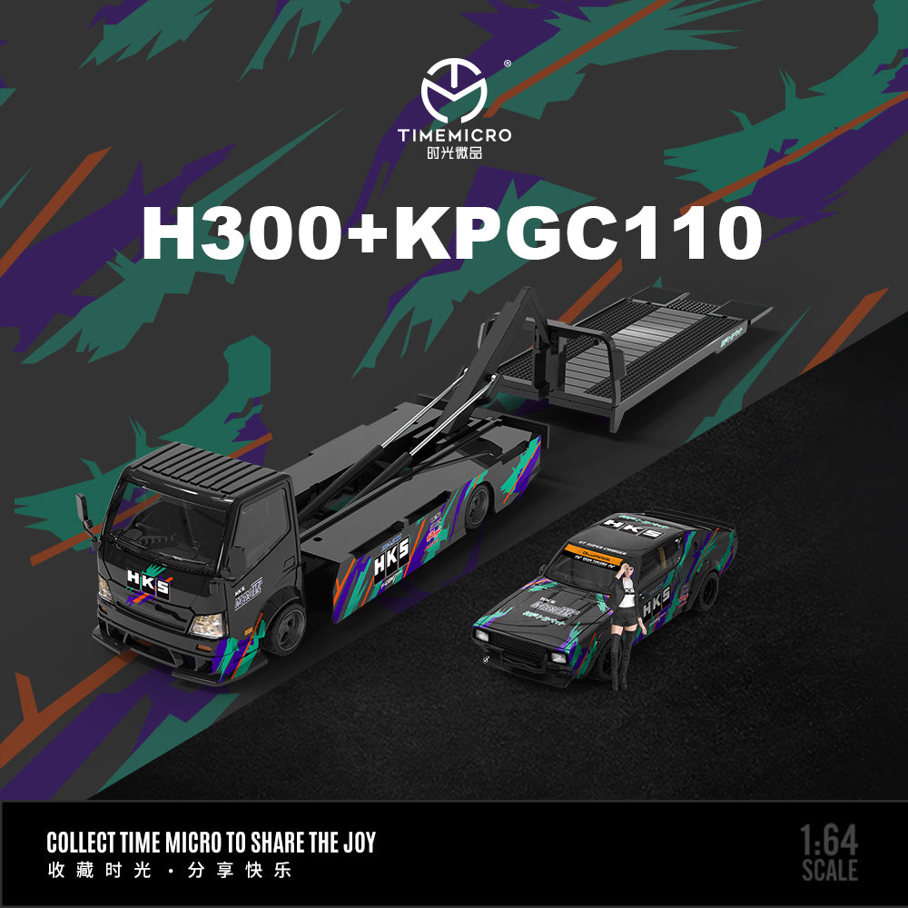 Time Micro 1/64 Hino H300 Flat bed Transport Trailer Truck Extendable Flat Bed HKS Edition + Nissan Skyline KPGC110 + Model Girl Figure Full Set