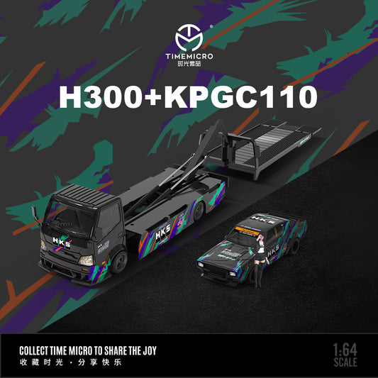 Time Micro 1/64 Hino H300 Flat bed Transport Trailer Truck Extendable Flat Bed HKS Edition + Nissan Skyline KPGC110 + Model Girl Figure Full Set