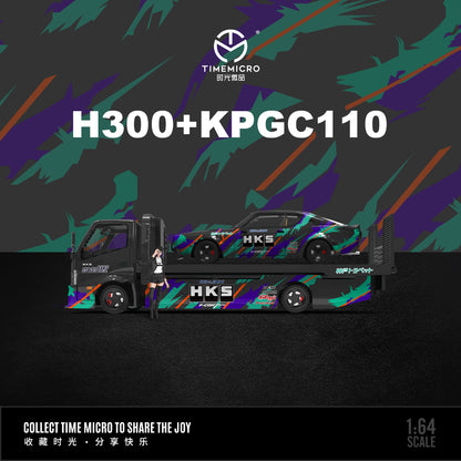 Time Micro 1/64 Hino H300 Flat bed Transport Trailer Truck Extendable Flat Bed HKS Edition + Nissan Skyline KPGC110 + Model Girl Figure Full Set