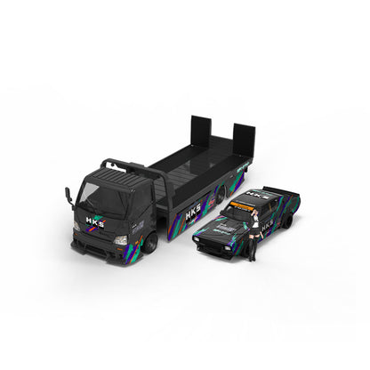 Time Micro 1/64 Hino H300 Flat bed Transport Trailer Truck Extendable Flat Bed HKS Edition + Nissan Skyline KPGC110 + Model Girl Figure Full Set
