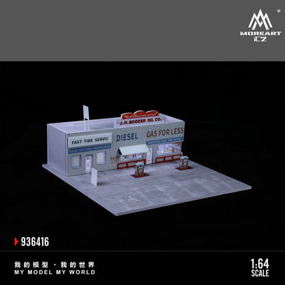 MoreArt 1:64 American Gas Station Scene LED Light Diorama with Parking Lot