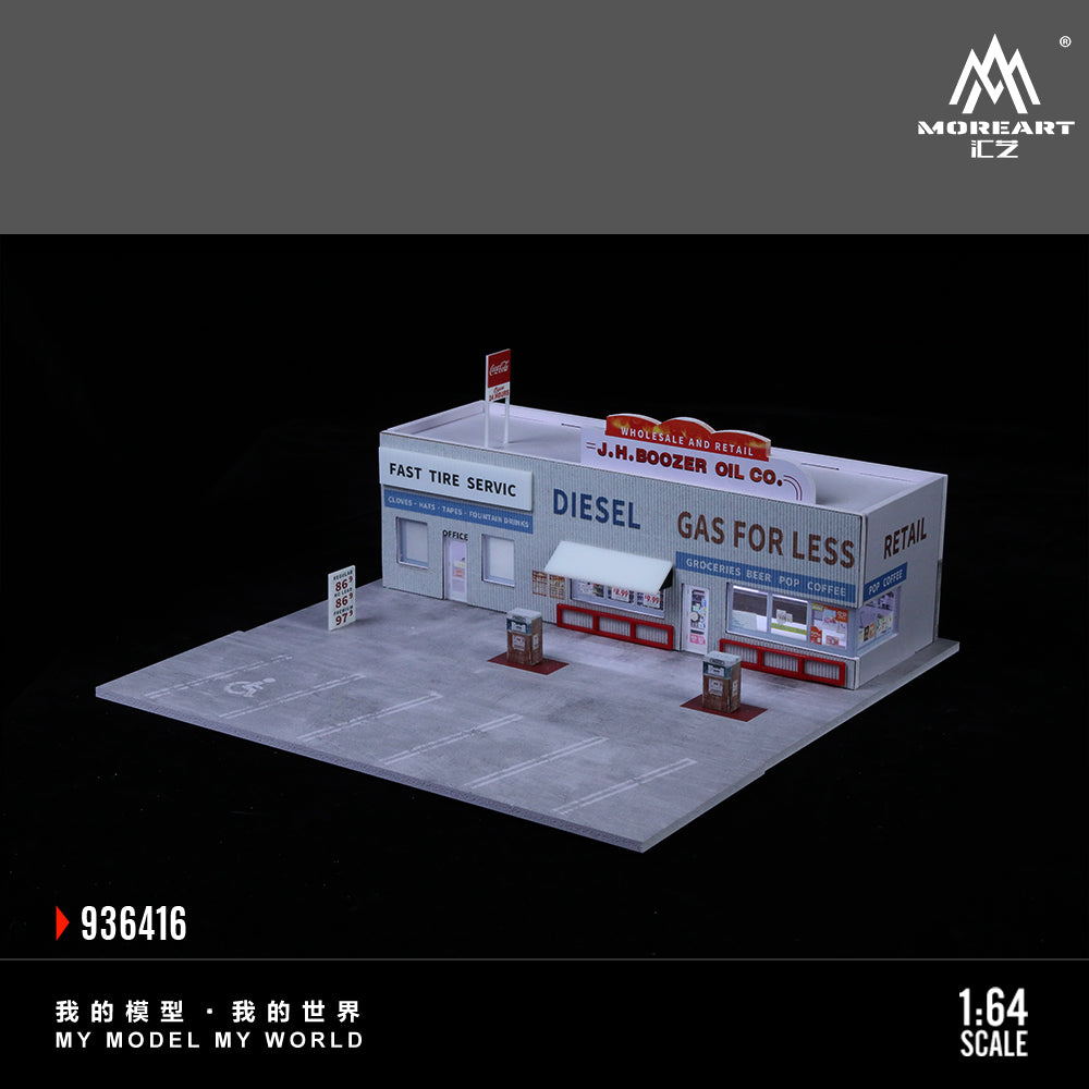MoreArt 1:64 American Gas Station Scene LED Light Diorama with Parking Lot