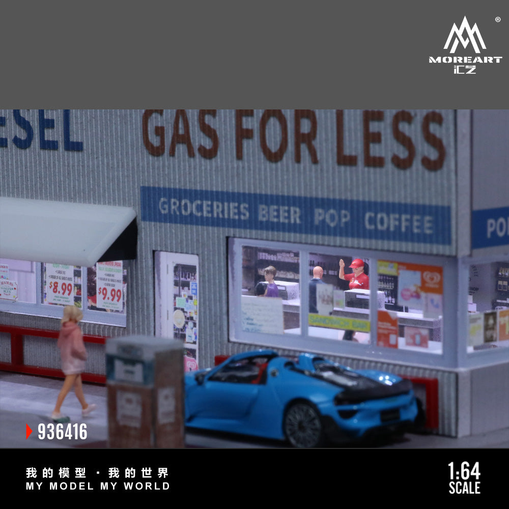 MoreArt 1:64 American Gas Station Scene LED Light Diorama with Parking Lot
