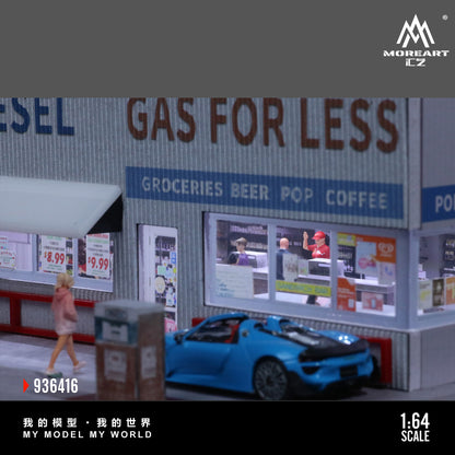 MoreArt 1:64 American Gas Station Scene LED Light Diorama with Parking Lot