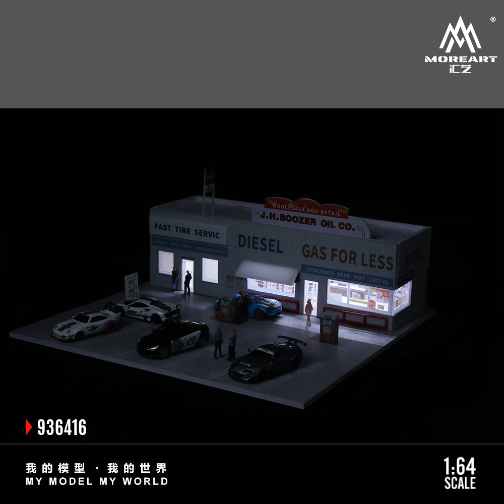 MoreArt 1:64 American Gas Station Scene LED Light Diorama with Parking Lot