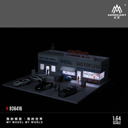 MoreArt 1:64 American Gas Station Scene LED Light Diorama with Parking Lot