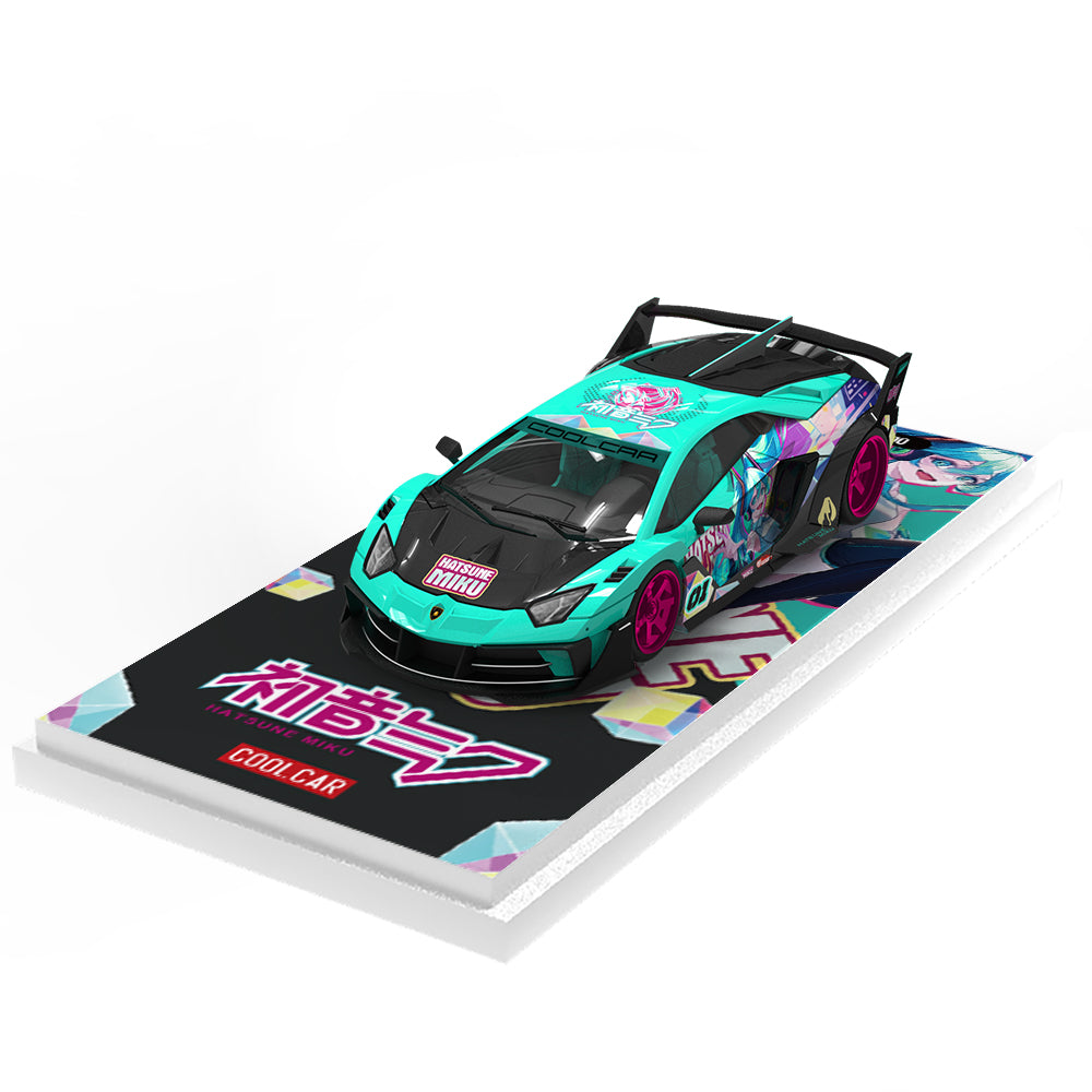 Cool.Car 1:64 Lamborghini Aventador GT EVO Japanese Anime Hatsune Miku Edition with Metal Cargo Container and Model Girl Figure