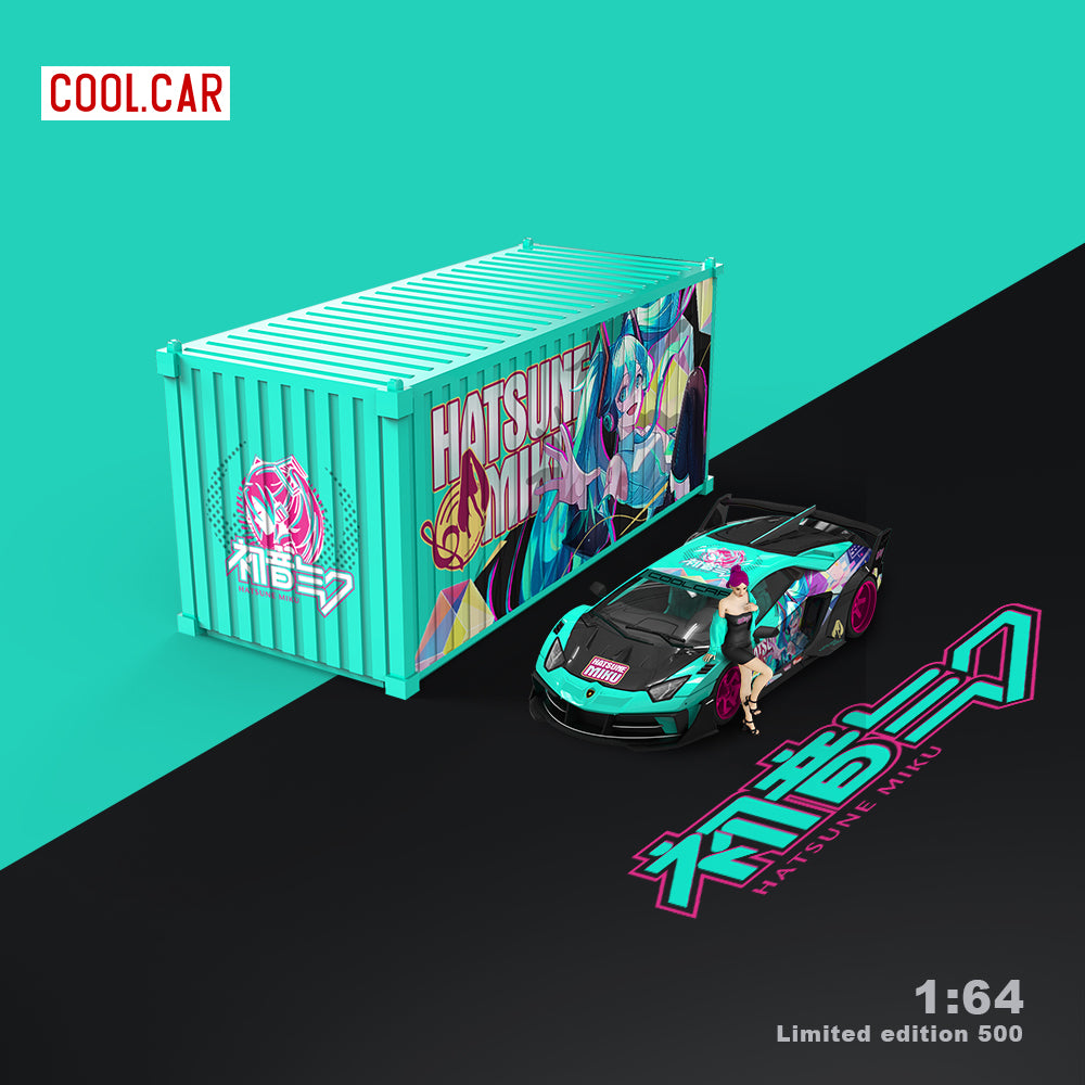 Cool.Car 1:64 Lamborghini Aventador GT EVO Japanese Anime Hatsune Miku Edition with Metal Cargo Container and Model Girl Figure