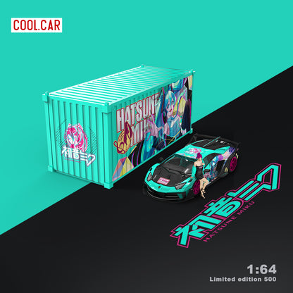 Cool.Car 1:64 Lamborghini Aventador GT EVO Japanese Anime Hatsune Miku Edition with Metal Cargo Container and Model Girl Figure