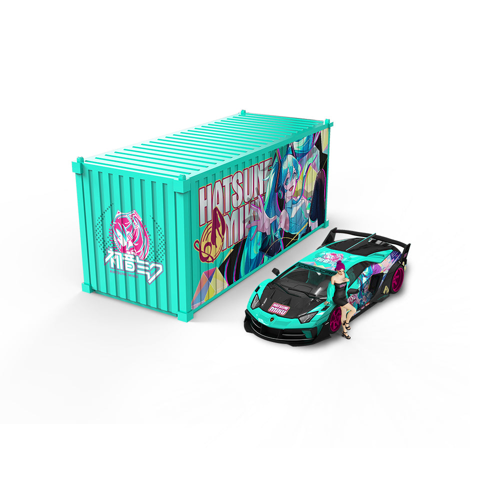 Cool.Car 1:64 Lamborghini Aventador GT EVO Japanese Anime Hatsune Miku Edition with Metal Cargo Container and Model Girl Figure