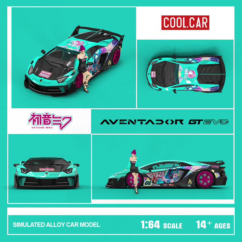 Cool.Car 1:64 Lamborghini Aventador GT EVO Japanese Anime Hatsune Miku Edition with Metal Cargo Container and Model Girl Figure