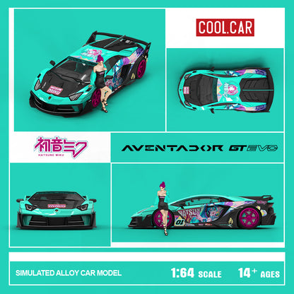 Cool.Car 1:64 Lamborghini Aventador GT EVO Japanese Anime Hatsune Miku Edition with Metal Cargo Container and Model Girl Figure