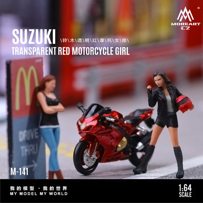 MoreArt 1:64 Suzuki Transparent Red Motorcycle Girl Doll Set (1 Motorcycle + 1 Figure)