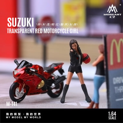 MoreArt 1:64 Suzuki Transparent Red Motorcycle Girl Doll Set (1 Motorcycle + 1 Figure)
