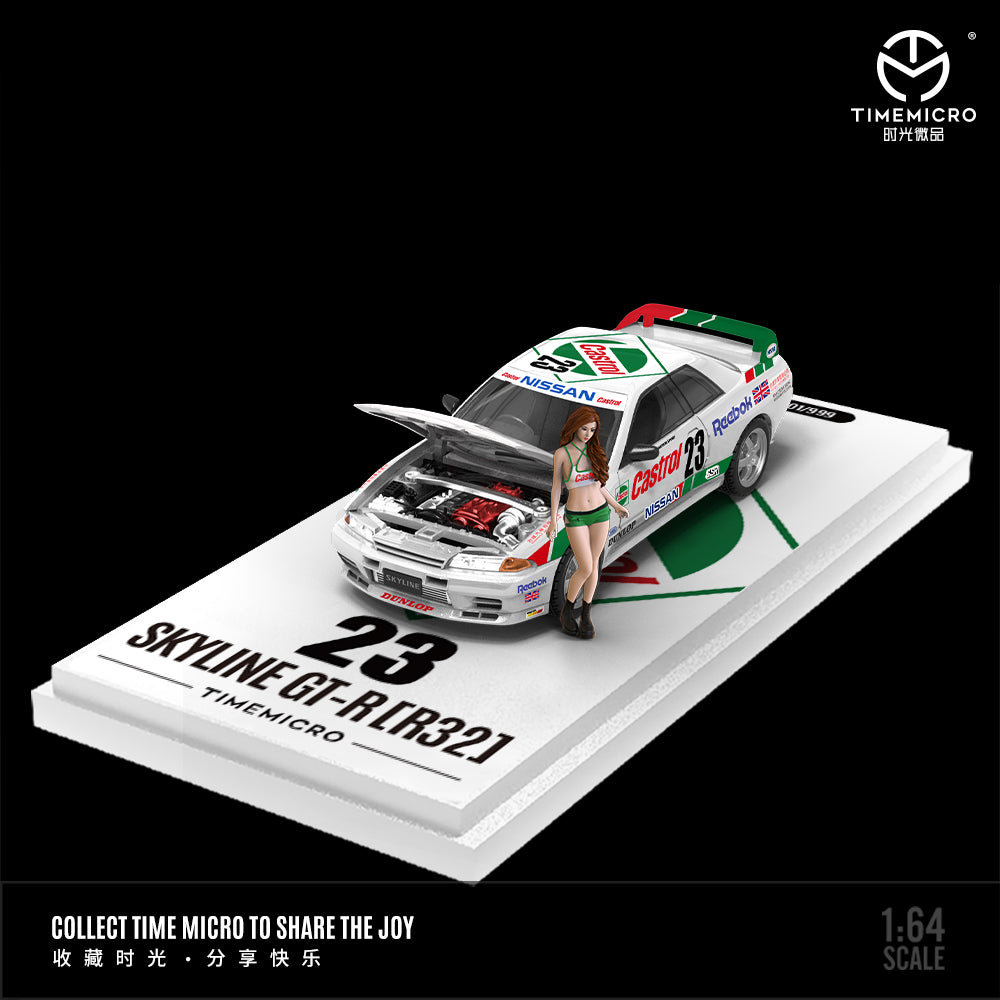 Time Micro 1:64 Nissan Skyline GT-R R32 Castrol #23 Openable Front Detailed Engine with Model Girl Figure