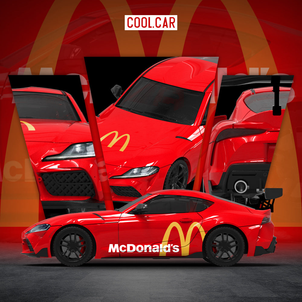 Cool.Car 1/64 Hino H300 Flat bed Transport Trailer Truck Extendable Flat Bed Mcdonald's Edition + Toyota Supra A90 + Model Girl Figure Full Set