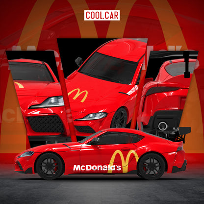 Cool.Car 1/64 Hino H300 Flat bed Transport Trailer Truck Extendable Flat Bed Mcdonald's Edition + Toyota Supra A90 + Model Girl Figure Full Set