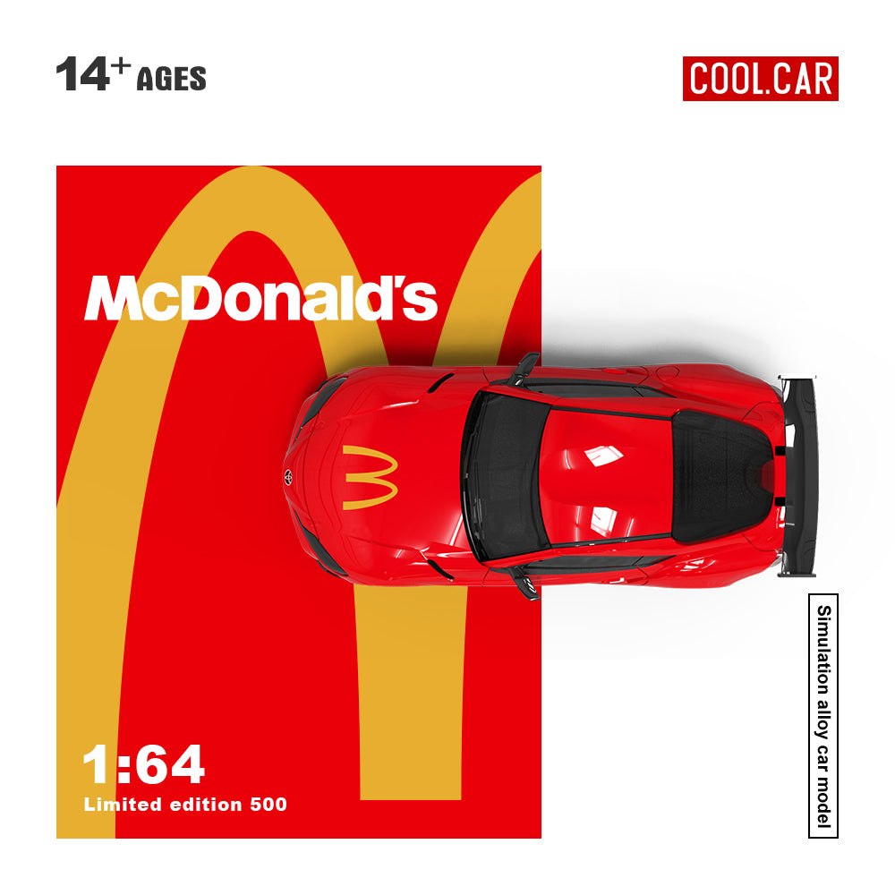 Cool.Car 1/64 Hino H300 Flat bed Transport Trailer Truck Extendable Flat Bed Mcdonald's Edition + Toyota Supra A90 + Model Girl Figure Full Set
