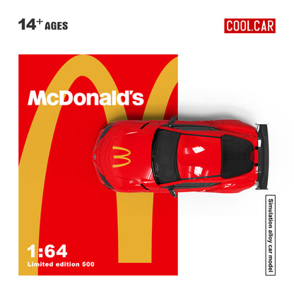 Cool.Car 1/64 Hino H300 Flat bed Transport Trailer Truck Extendable Flat Bed Mcdonald's Edition + Toyota Supra A90 + Model Girl Figure Full Set