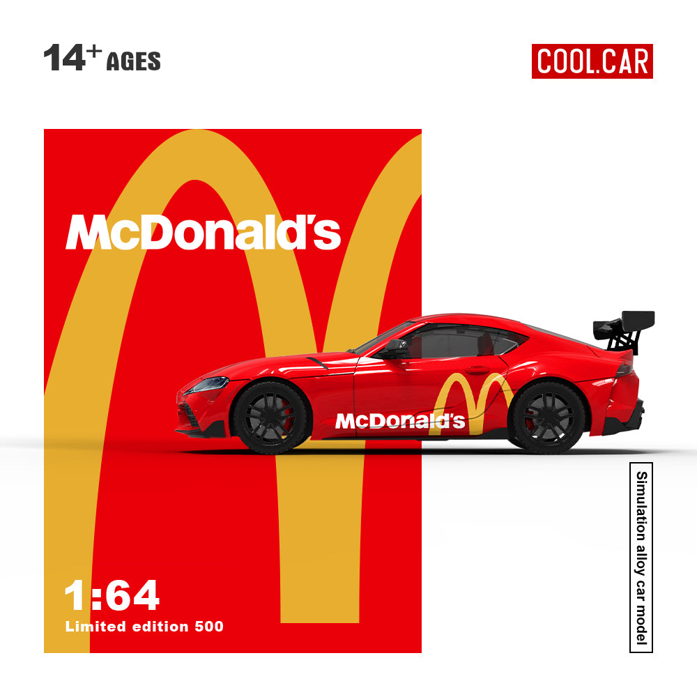 Cool.Car 1/64 Hino H300 Flat bed Transport Trailer Truck Extendable Flat Bed Mcdonald's Edition + Toyota Supra A90 + Model Girl Figure Full Set