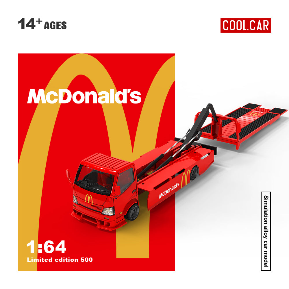 Cool.Car 1/64 Hino H300 Flat bed Transport Trailer Truck Extendable Flat Bed Mcdonald's Edition + Toyota Supra A90 + Model Girl Figure Full Set