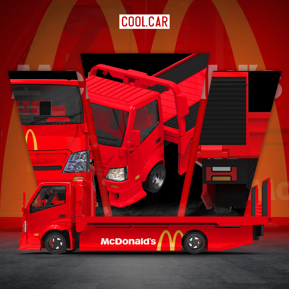 Cool.Car 1/64 Hino H300 Flat bed Transport Trailer Truck Extendable Flat Bed Mcdonald's Edition + Toyota Supra A90 + Model Girl Figure Full Set