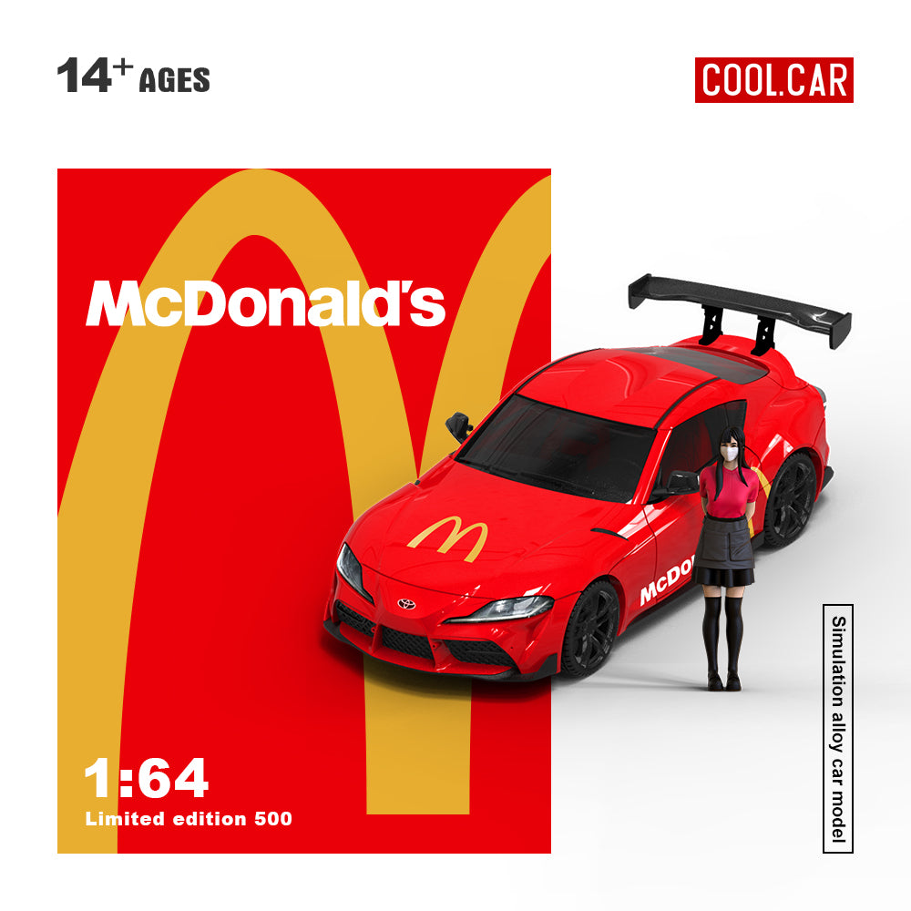 Cool.Car 1/64 Hino H300 Flat bed Transport Trailer Truck Extendable Flat Bed Mcdonald's Edition + Toyota Supra A90 + Model Girl Figure Full Set