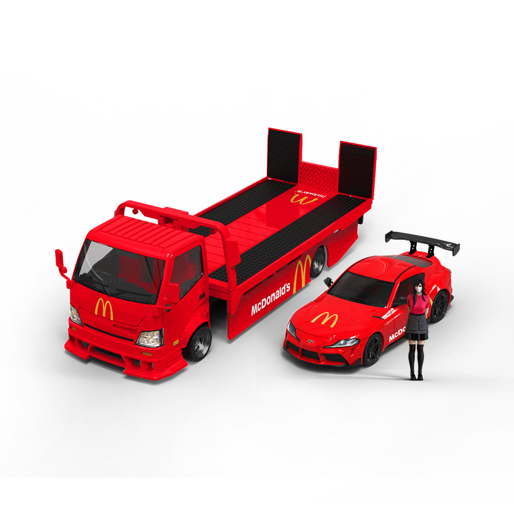 Cool.Car 1/64 Hino H300 Flat bed Transport Trailer Truck Extendable Flat Bed Mcdonald's Edition + Toyota Supra A90 + Model Girl Figure Full Set