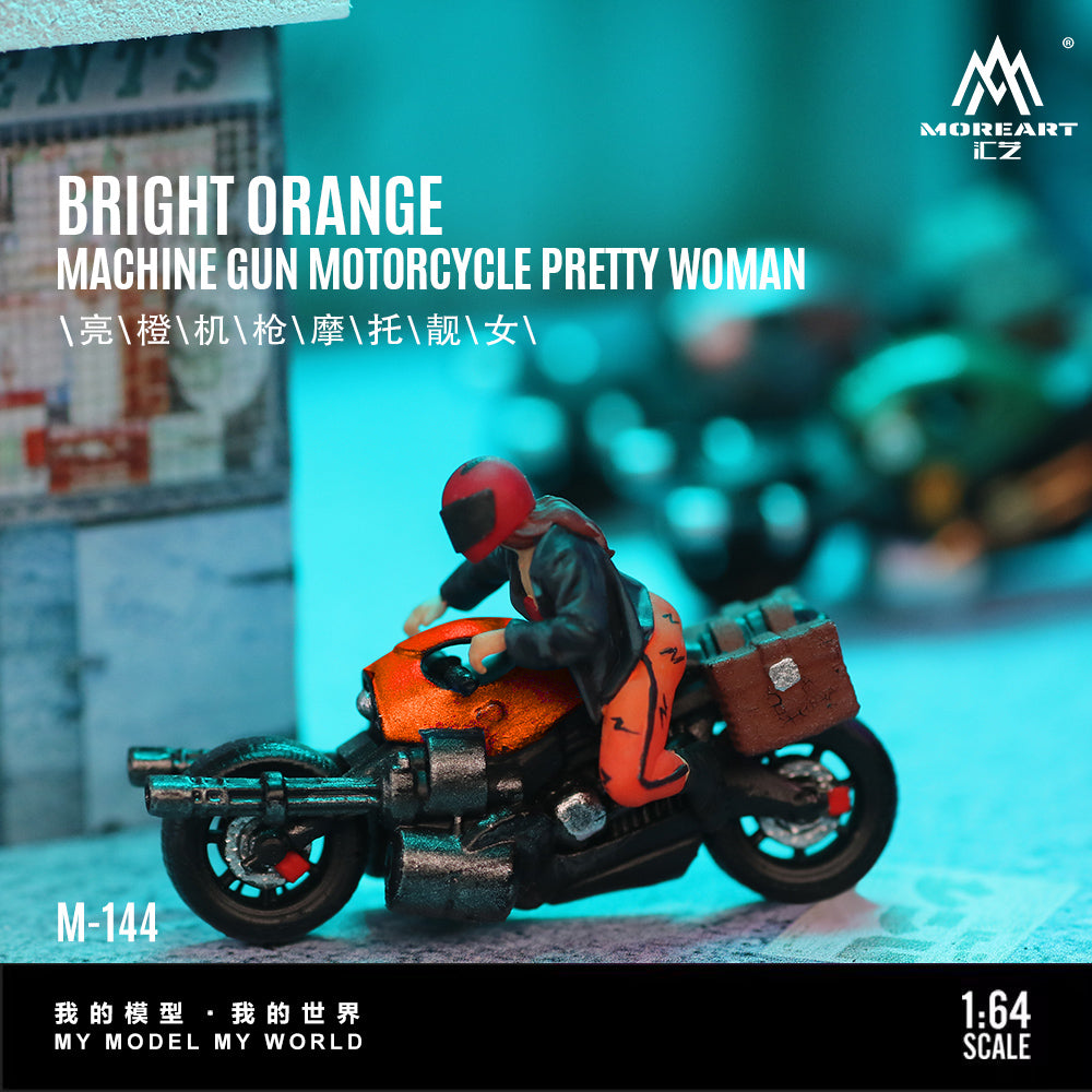 MoreArt 1:64 Bright Orange Machine Gun Motorcycle Pretty Girl Doll Set (1 Motorcycle + 1 Figure)